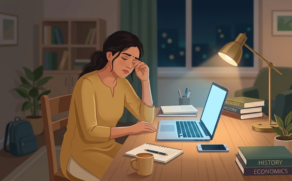 Illustration of computer vision syndrome (digital eye strain, screen se aankhon mein thakan): a student rubbing tired eyes at a laptop late in the evening