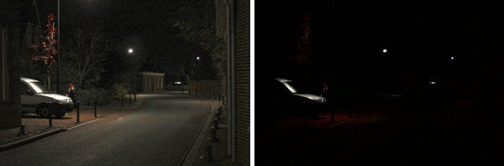 Comparison for night blindness (ratondhi): the same street at night seen with good night vision on the left and almost completely dark on the right